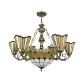 Lámpara de araña estilo Tiffany vintage con volante amarillo, cúpula central y cristal artístico